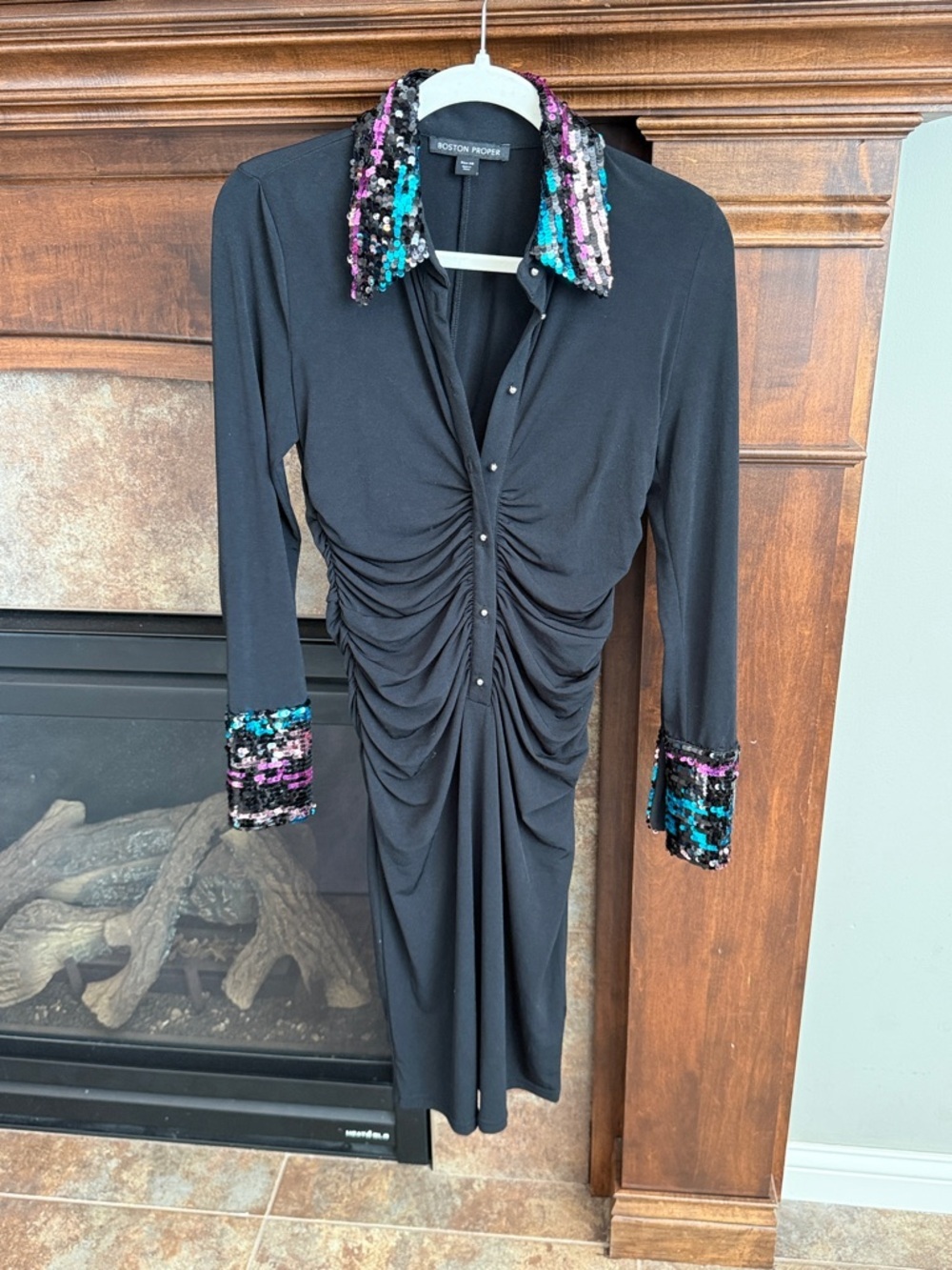 Boston Proper black long sleeve ruched dress sequin collar Y2K 90s party XS
